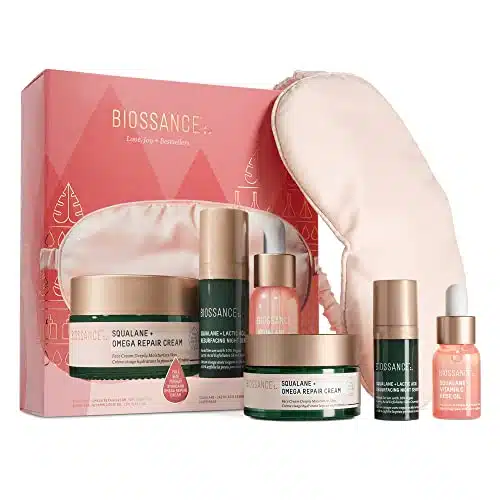 Biossance Love, Joy + Bestsellers Set.Full Size Omega Repair Cream (oz) + Travel Size Vitamin C Rose Oil (.oz) + Travel Size Lactic Acid Resurfacing Serum (.oz) + Sleep Mask